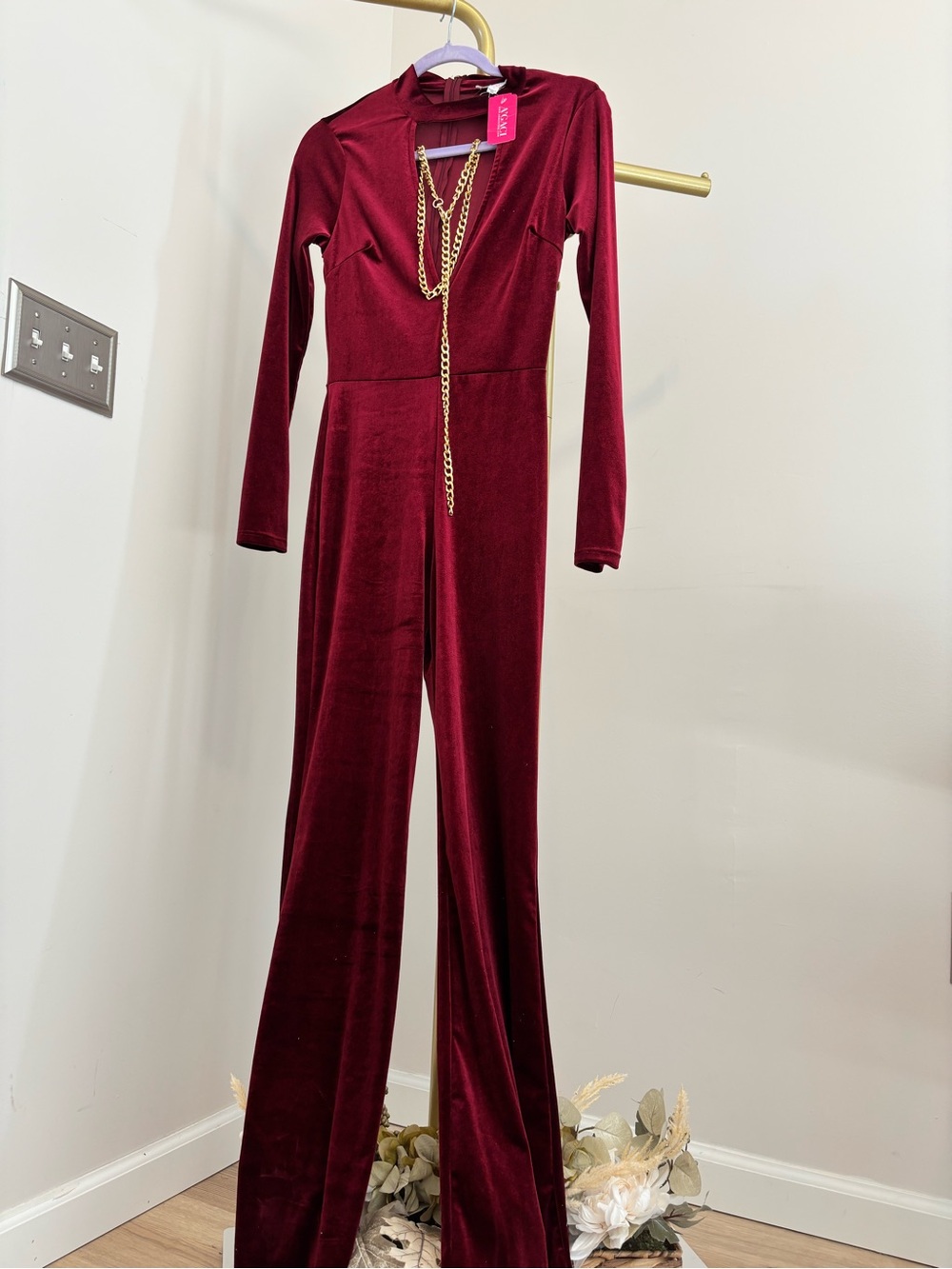a'gaci Burgundy Velvet Long-Sleeve Jumpsuit with Gold Chain
